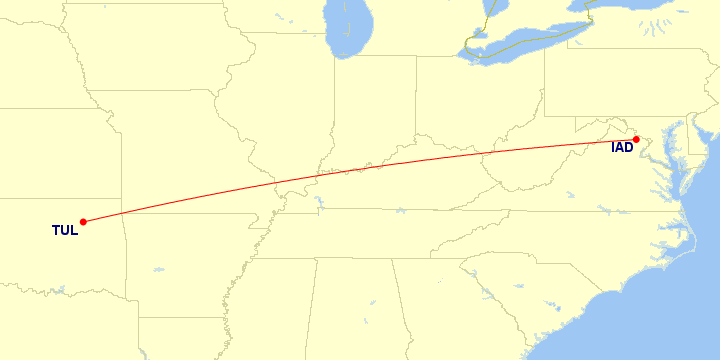 Map of flight route between IAD and TUL, created by Paul Bogard’s Flight Historian