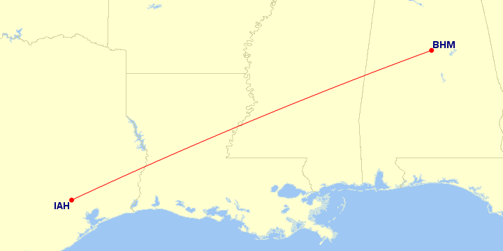 Map of flight route between IAH and BHM, created by Paul Bogard’s Flight Historian