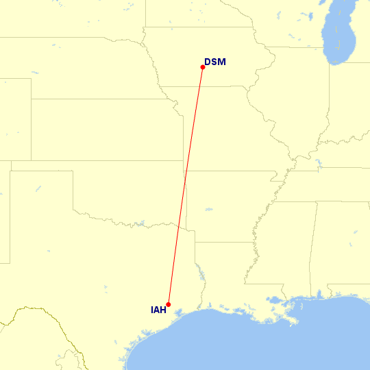 Map of flight route between DSM and IAH, created by Paul Bogard’s Flight Historian