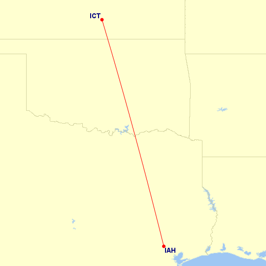 Map of flight route between IAH and ICT, created by Paul Bogard’s Flight Historian
