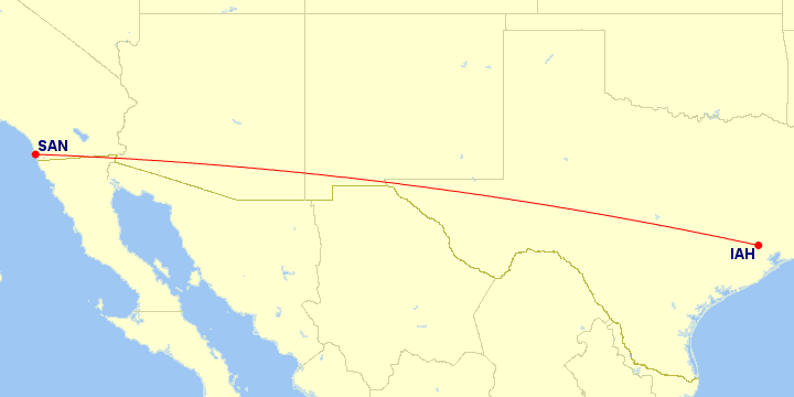 Map of flight route between IAH and SAN, created by Paul Bogard’s Flight Historian
