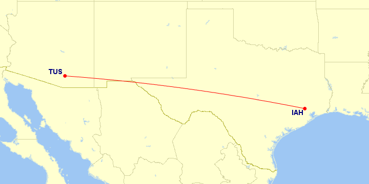 Map of flight route between IAH and TUS, created by Paul Bogard’s Flight Historian