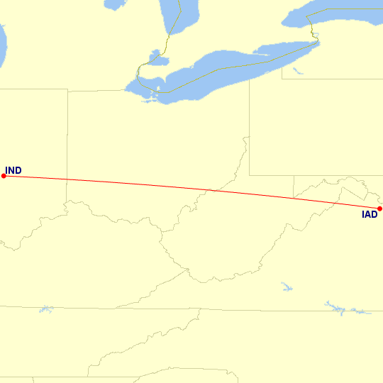 Map of flight route between IAD and IND, created by Paul Bogard’s Flight Historian