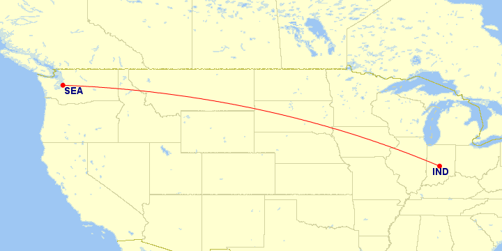 Map of flight route between SEA and IND, created by Paul Bogard’s Flight Historian
