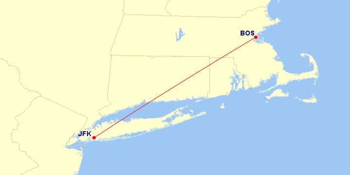 Map of flight route between JFK and BOS, created by Paul Bogard’s Flight Historian