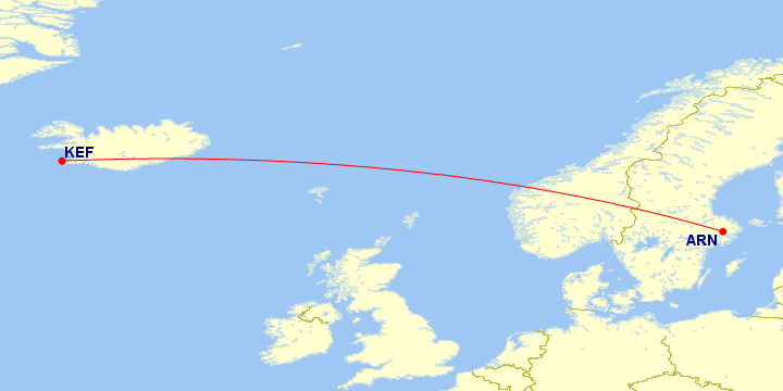 Map of flight route between ARN and KEF, created by Paul Bogard’s Flight Historian