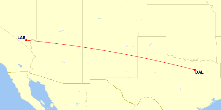 Map of flight route between DAL and LAS, created by Paul Bogard’s Flight Historian
