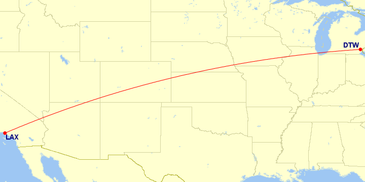 Map of flight route between DTW and LAX, created by Paul Bogard’s Flight Historian