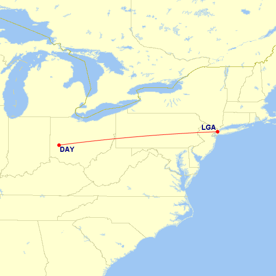 Map of flight route between LGA and DAY, created by Paul Bogard’s Flight Historian