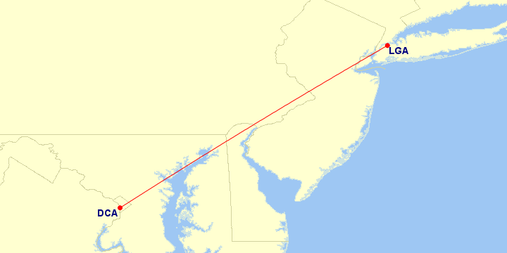 Map of flight route between LGA and DCA, created by Paul Bogard’s Flight Historian