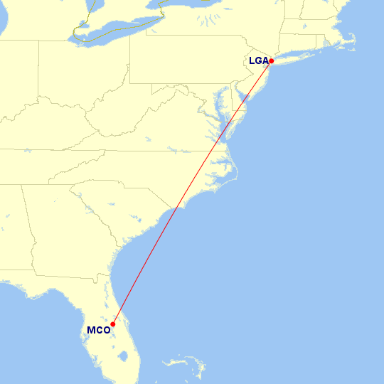 Map of flight route between MCO and LGA, created by Paul Bogard’s Flight Historian