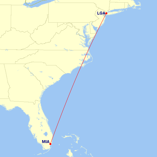 Map of flight route between MIA and LGA, created by Paul Bogard’s Flight Historian