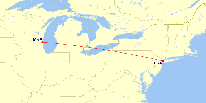 Map of flight route between LGA and MKE, created by Paul Bogard’s Flight Historian