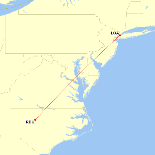 Map of flight route between LGA and RDU, created by Paul Bogard’s Flight Historian