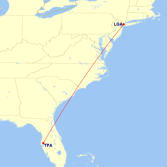 Map of flight route between TPA and LGA, created by Paul Bogard’s Flight Historian