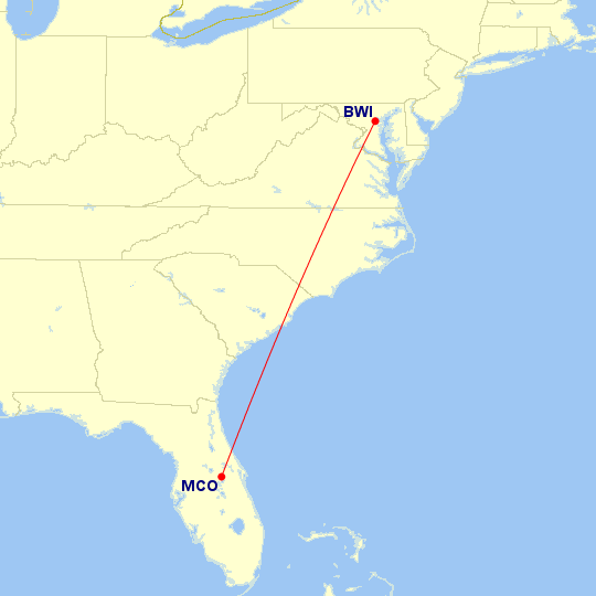 Map of flight route between BWI and MCO, created by Paul Bogard’s Flight Historian