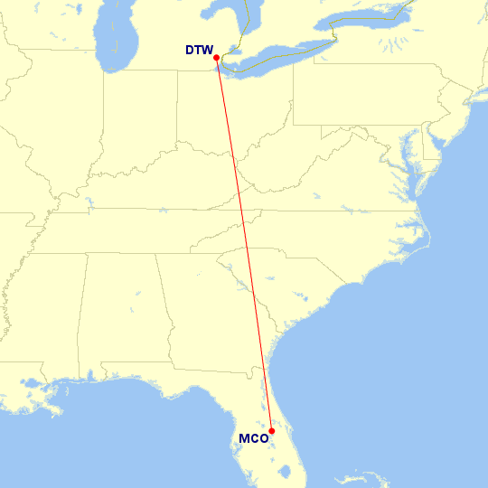 Map of flight route between MCO and DTW, created by Paul Bogard’s Flight Historian
