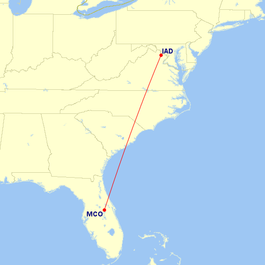 Map of flight route between MCO and IAD, created by Paul Bogard’s Flight Historian