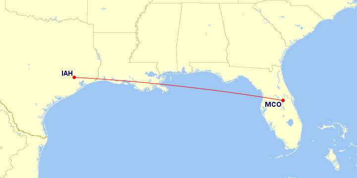 Map of flight route between MCO and IAH, created by Paul Bogard’s Flight Historian