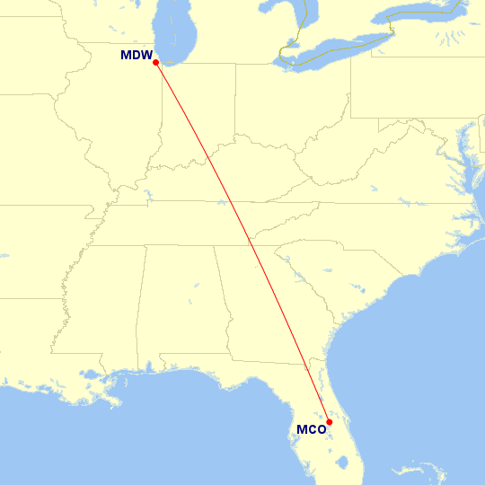 Map of flight route between MDW and MCO, created by Paul Bogard’s Flight Historian