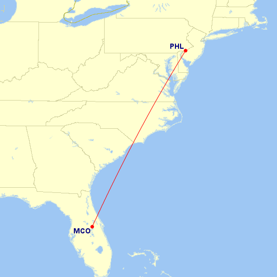 Map of flight route between MCO and PHL, created by Paul Bogard’s Flight Historian