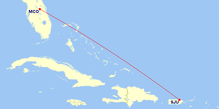 Map of flight route between SJU and MCO, created by Paul Bogard’s Flight Historian