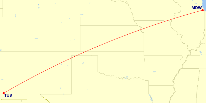 Map of flight route between TUS and MDW, created by Paul Bogard’s Flight Historian
