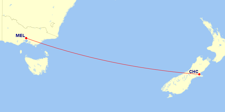 Map of flight route between MEL and CHC, created by Paul Bogard’s Flight Historian