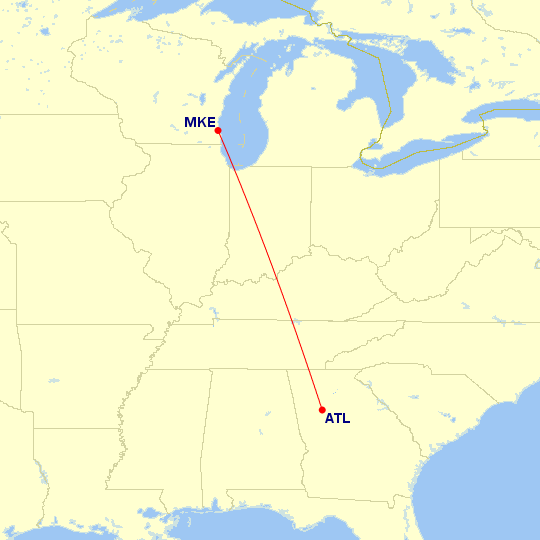 Map of flight route between MKE and ATL, created by Paul Bogard’s Flight Historian