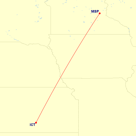 Map of flight route between ICT and MSP, created by Paul Bogard’s Flight Historian
