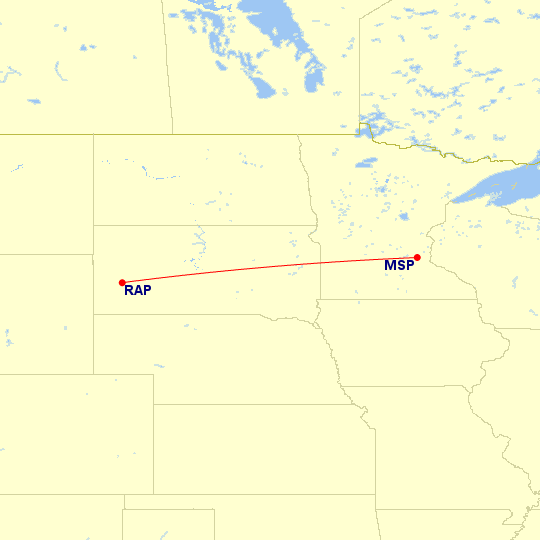 Map of flight route between MSP and RAP, created by Paul Bogard’s Flight Historian
