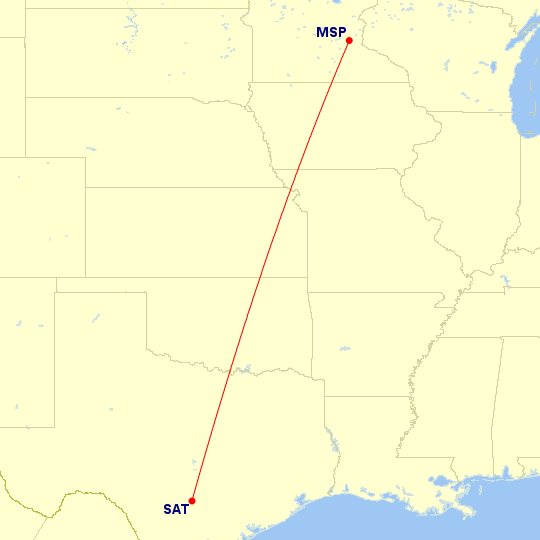 Map of flight route between MSP and SAT, created by Paul Bogard’s Flight Historian