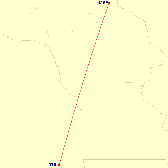 Map of flight route between MSP and TUL, created by Paul Bogard’s Flight Historian