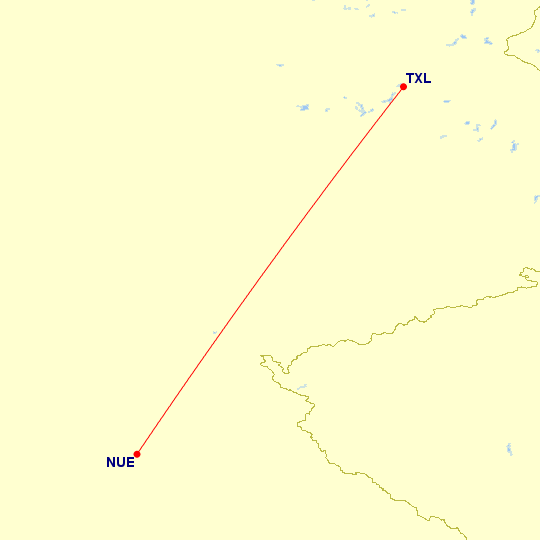 Map of flight route between NUE and TXL, created by Paul Bogard’s Flight Historian