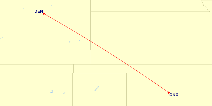 Map of flight route between OKC and DEN, created by Paul Bogard’s Flight Historian
