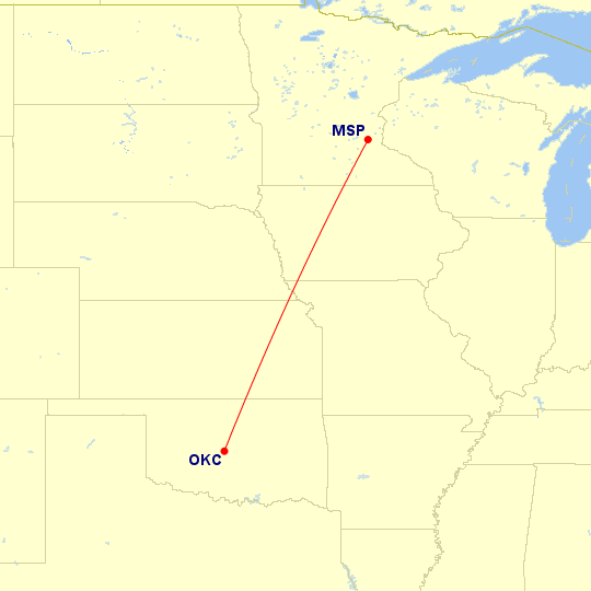 Map of flight route between OKC and MSP, created by Paul Bogard’s Flight Historian