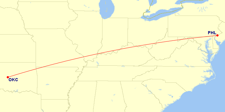 Map of flight route between OKC and PHL, created by Paul Bogard’s Flight Historian
