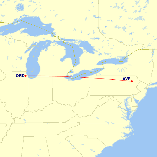 Map of flight route between AVP and ORD, created by Paul Bogard’s Flight Historian