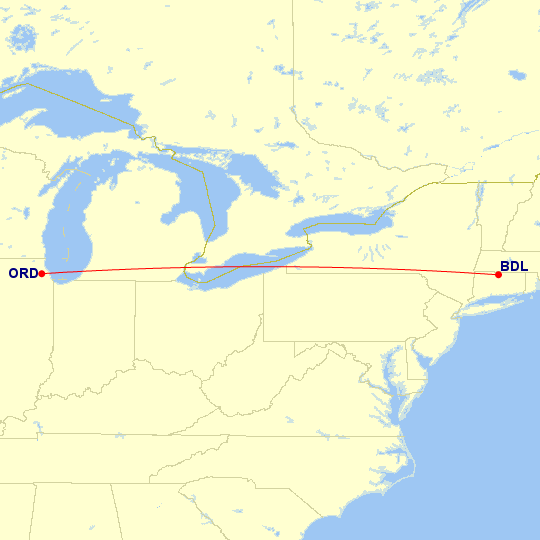 Map of flight route between BDL and ORD, created by Paul Bogard’s Flight Historian