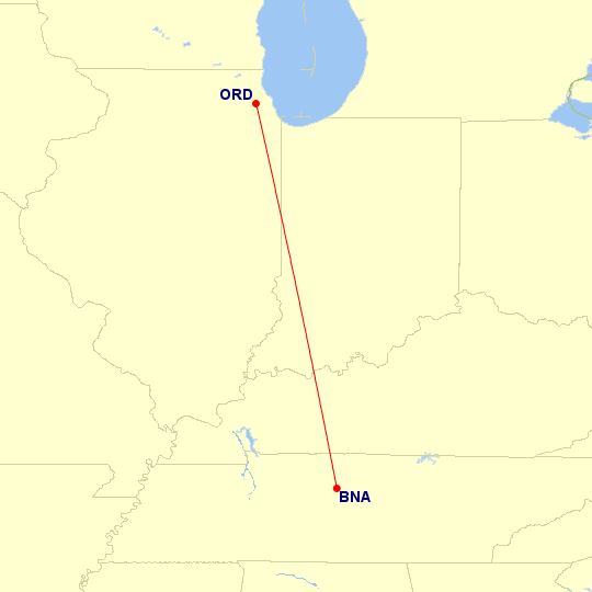 Map of flight route between ORD and BNA, created by Paul Bogard’s Flight Historian