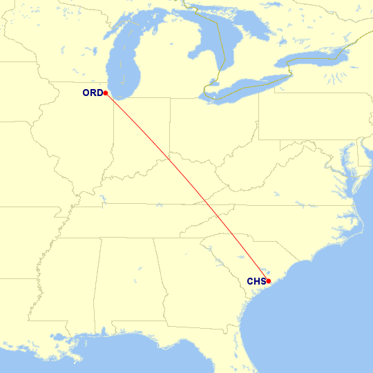 Map of flight route between ORD and CHS, created by Paul Bogard’s Flight Historian