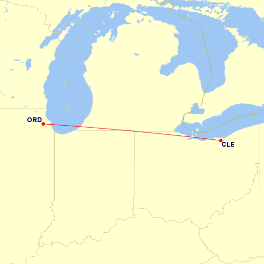 Map of flight route between ORD and CLE, created by Paul Bogard’s Flight Historian