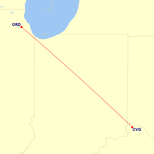 Map of flight route between ORD and CVG, created by Paul Bogard’s Flight Historian