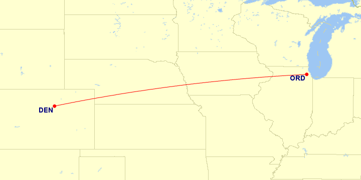 Map of flight route between DEN and ORD, created by Paul Bogard’s Flight Historian