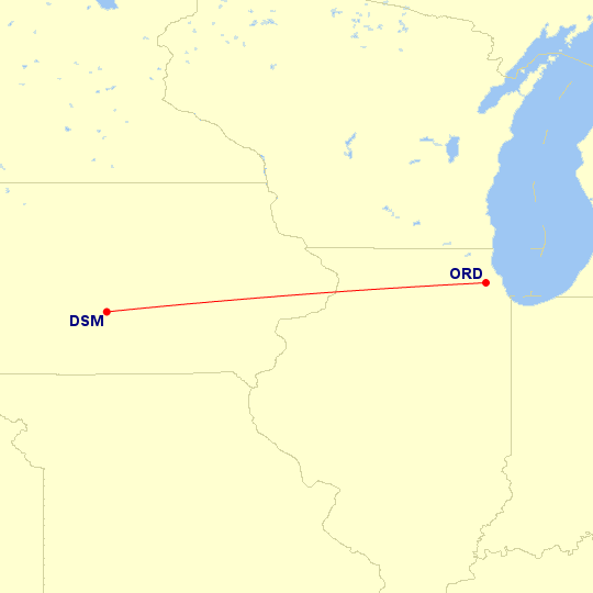 Map of flight route between ORD and DSM, created by Paul Bogard’s Flight Historian