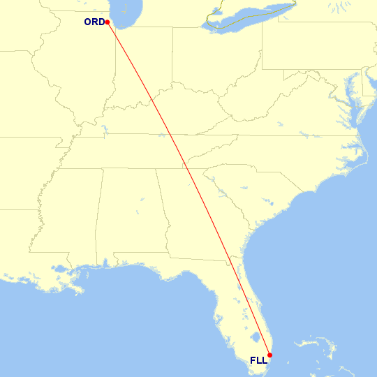 Map of flight route between ORD and FLL, created by Paul Bogard’s Flight Historian