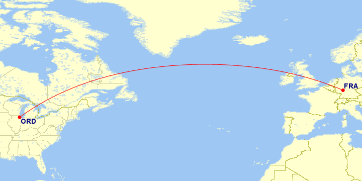 Map of flight route between ORD and FRA, created by Paul Bogard’s Flight Historian