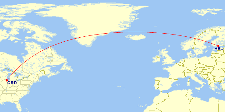 Map of flight route between ORD and HEL, created by Paul Bogard’s Flight Historian