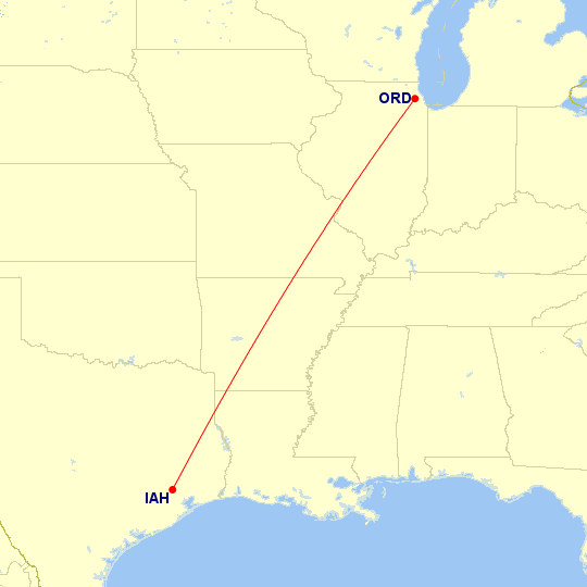 Map of flight route between IAH and ORD, created by Paul Bogard’s Flight Historian