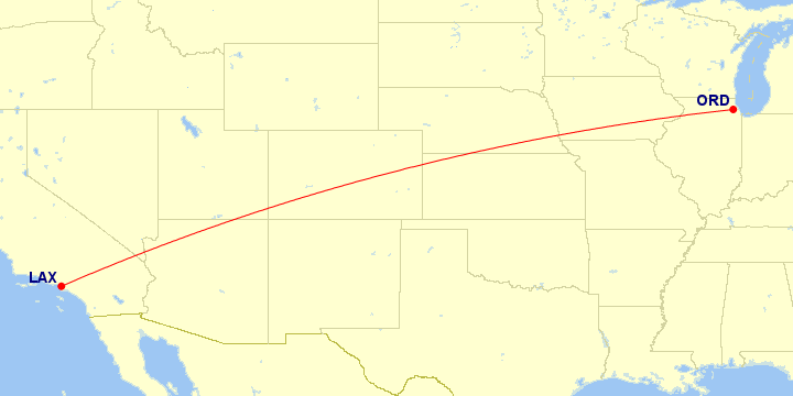 Map of flight route between ORD and LAX, created by Paul Bogard’s Flight Historian